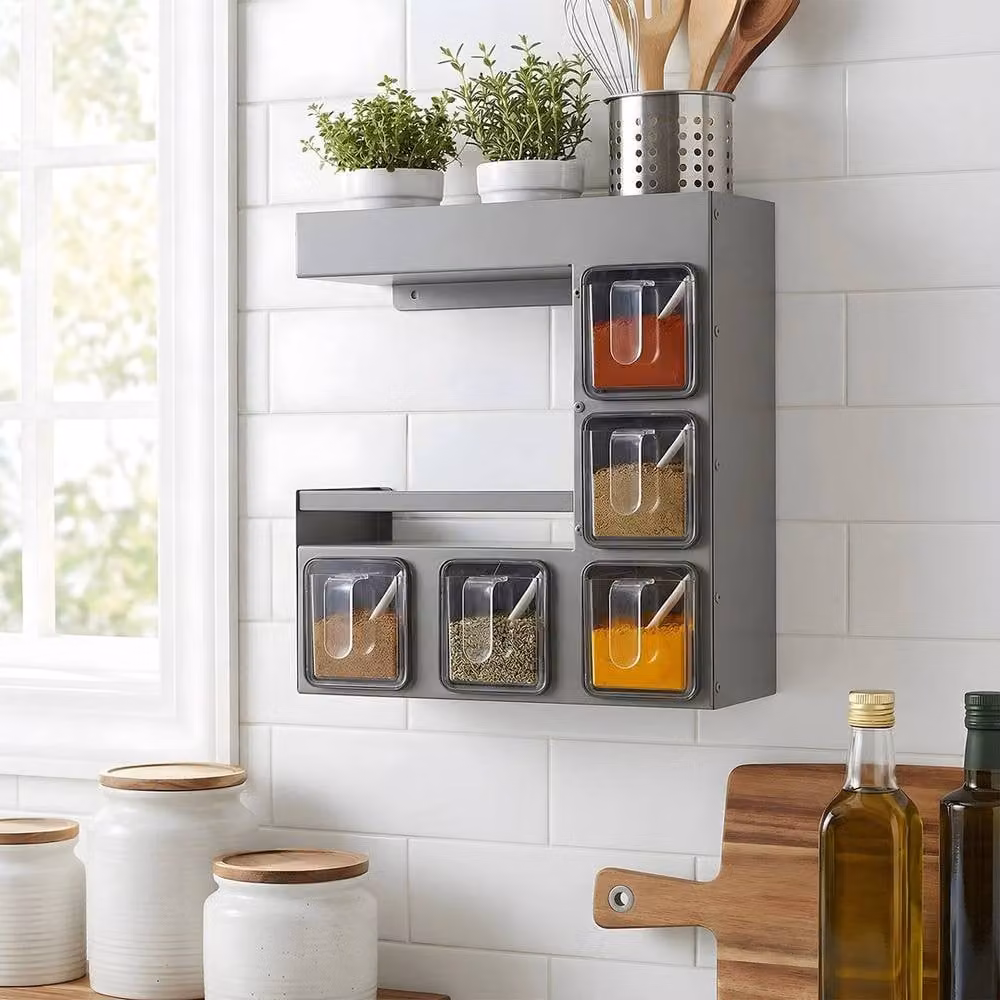 PAWNORA Grey Wall Mounted 3 Tier Seasoning and Spice Box with 5 Jars – 5
