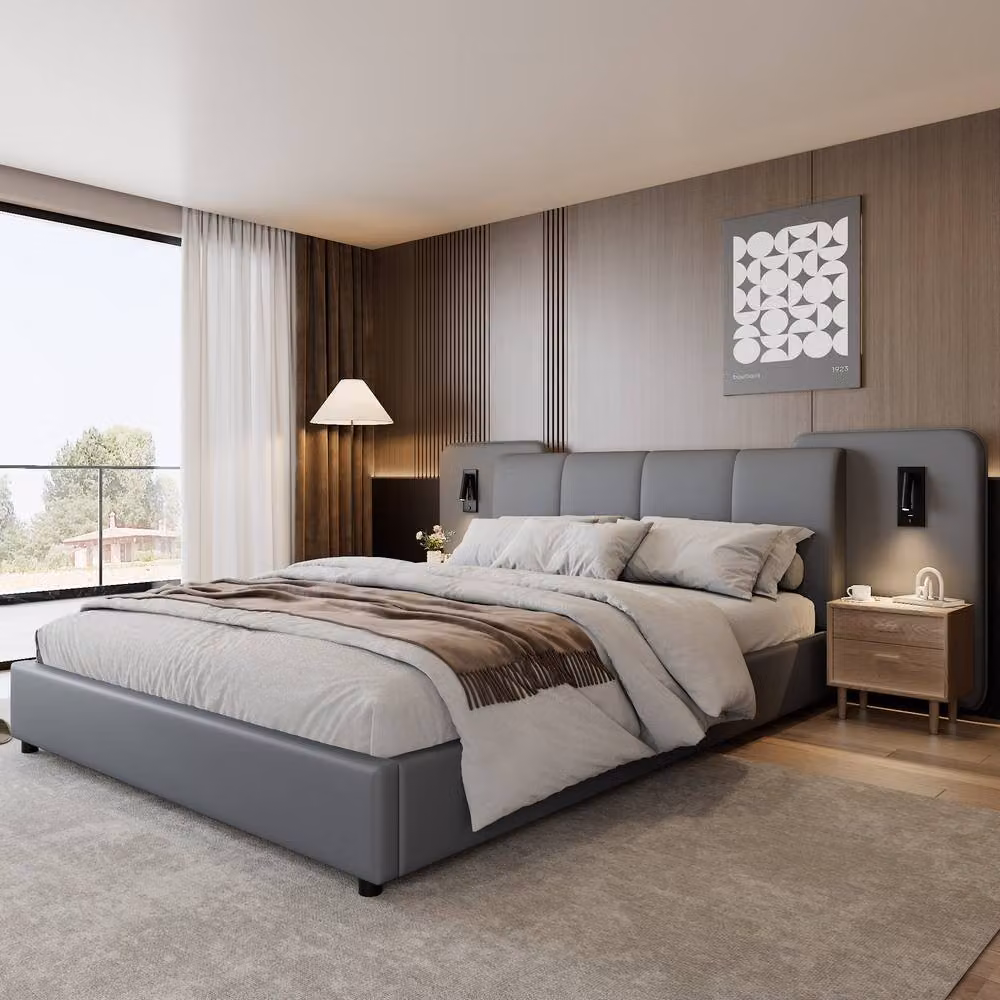 BTM Grey Upholstered PU Leather Double Bed with USB Charging Port and Under-Bed Lighting, W/D/H: 140 x 190 x 86.5 cm – 3