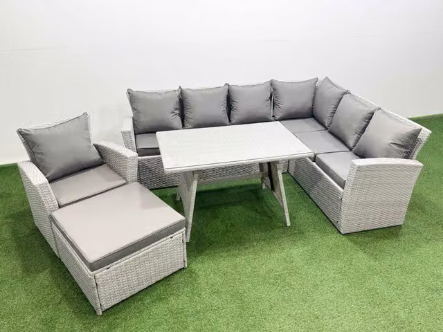 Fimous 8 Seater Rattan Garden Furniture Set with Corner Sofa in Light Grey