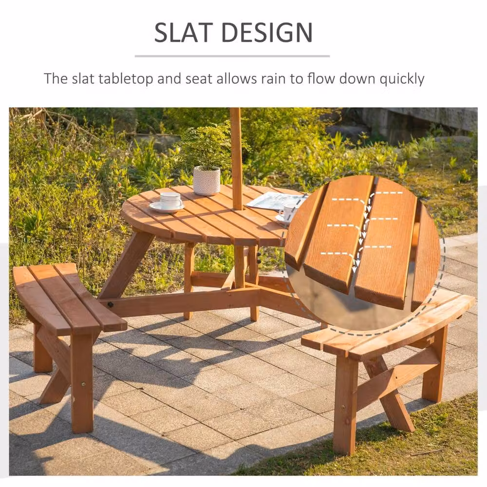 Wyld Haus 6 Seater Round Red Treated Hardwood Picnic Table with 3 Benches and Parasol Hole – 4