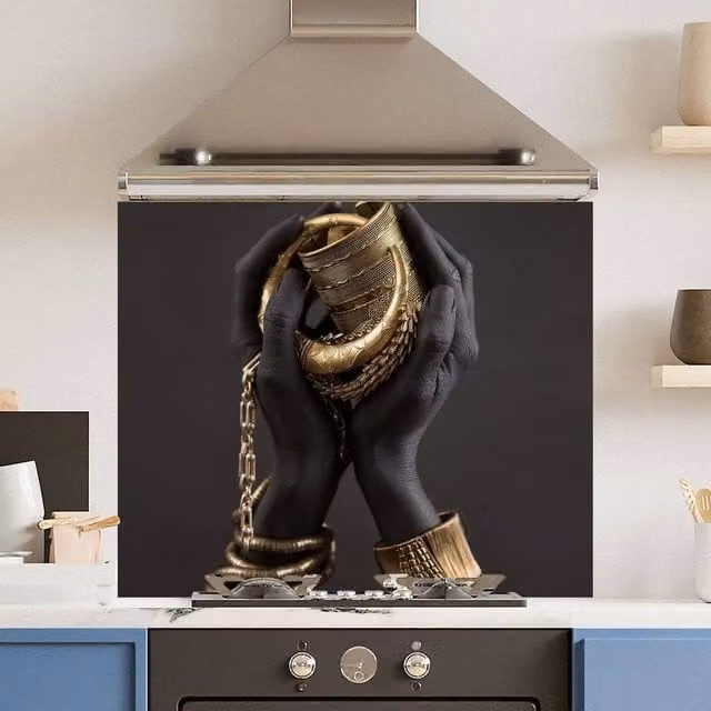 Choose Your Print Premium Gold and Black Hands 6mm Toughened Glass Kitchen Splashback, W: 60 cm, H: 65 cm – 1