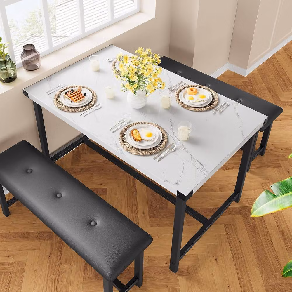 London Boutique 3-Piece Dining Set with Rectangular Table and 2 Upholstered Benches in White – 3