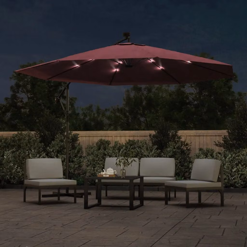 Berkfield Home Cantilever Garden Umbrella with LED Lights in Bordeaux Red, 350 cm – 3