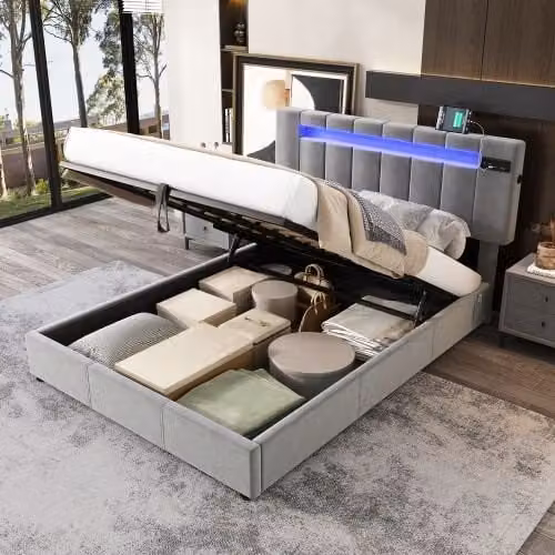 Matteo Grey Velvet Upholstered Hydraulic Double Bed with USB Charging Port and Under-bed Lighting, W: 135 cm, L: 190 cm – 1