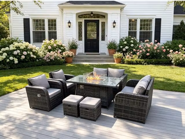 Fimous 8 Seater Rattan Gas Fire Pit Sofa Dining Set with Reclining Chairs and Stools in Dark Grey Mixed