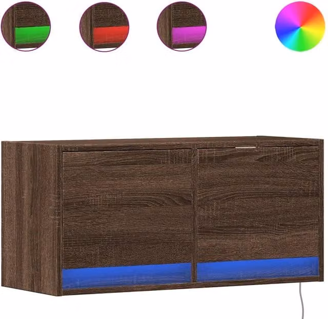 Berkfield Home Modern Wall Mounted TV Cabinet with LED Lights in Brown Oak, W/D/H: 80 x 31 x 35 cm – 1