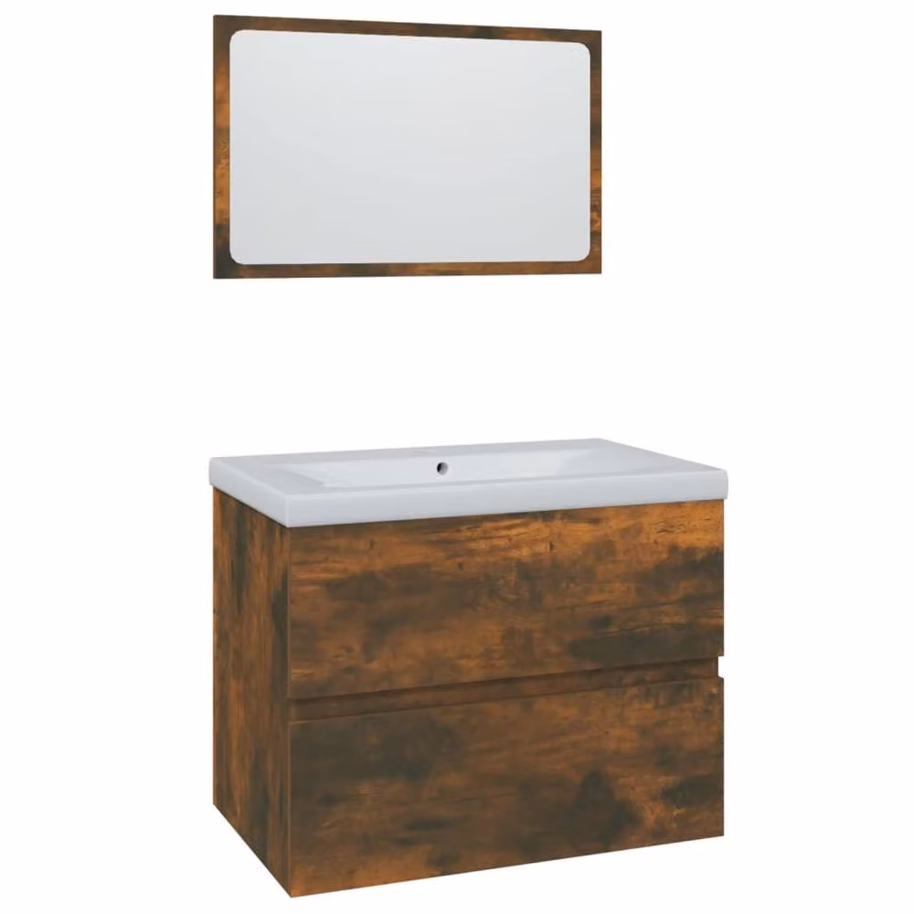Berkfield Home Modern Bathroom Furniture Set in Smoked Oak Brown, featuring a Wall-Mounted Vanity Unit and Mirror Cabinet – 3