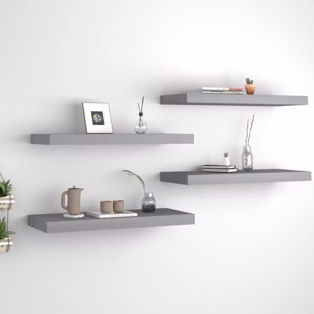 Berkfield Home Set of 4 Grey Floating Wall Shelves, W/D/H: 60 x 23.5 x 4 cm