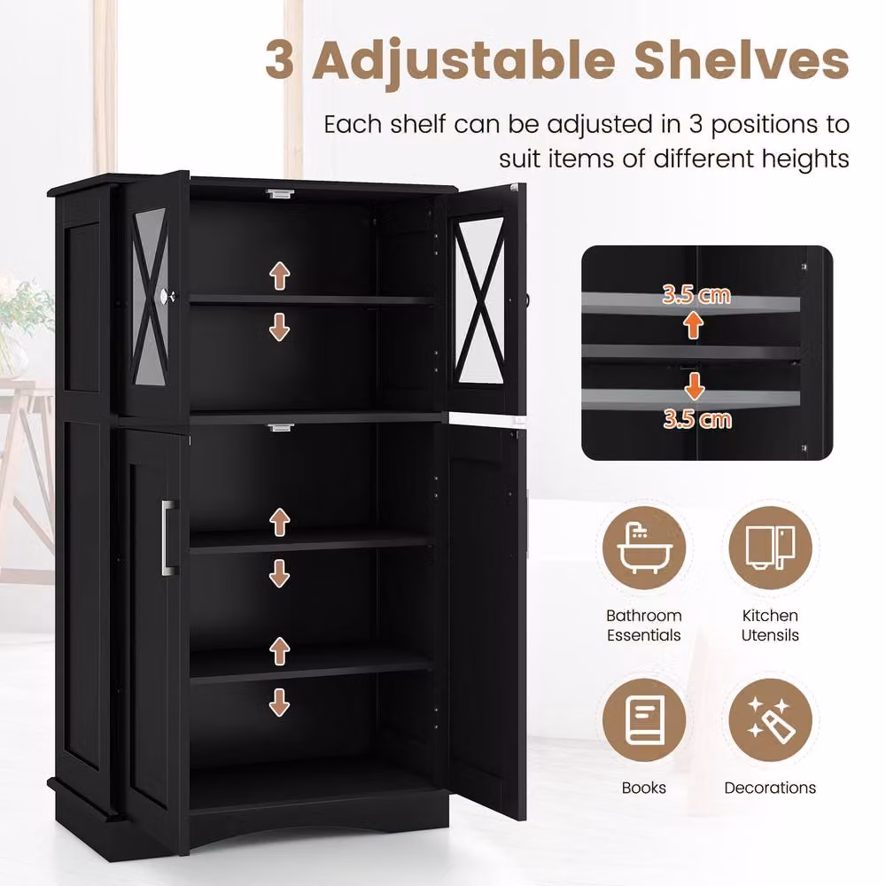 Costway Freestanding Black Bathroom Storage Cabinet with Glass Doors and Internal Shelves – 6