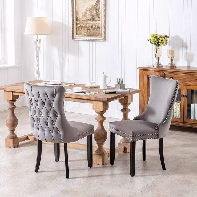 Modern Home Touch Sierra Set of 2 Grey Velvet Wing Back Dining Chairs with Oak Wood Legs