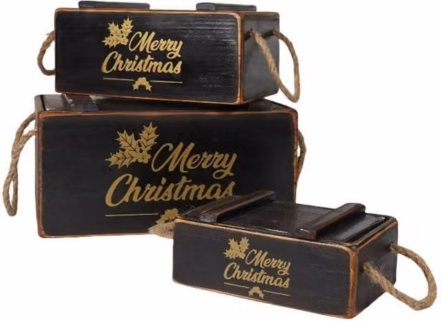 Minster Set of 3 Black Wooden Crates with Lids and Rope Handles