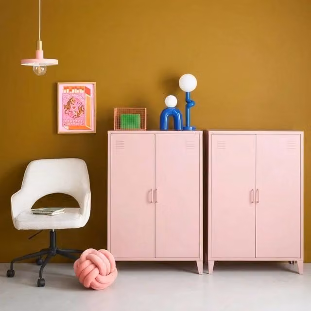 sweeek Set of 2 Pink Metal Wardrobes with 2 Hinged Doors, W/D/H: 75 x 33 x 110 cm