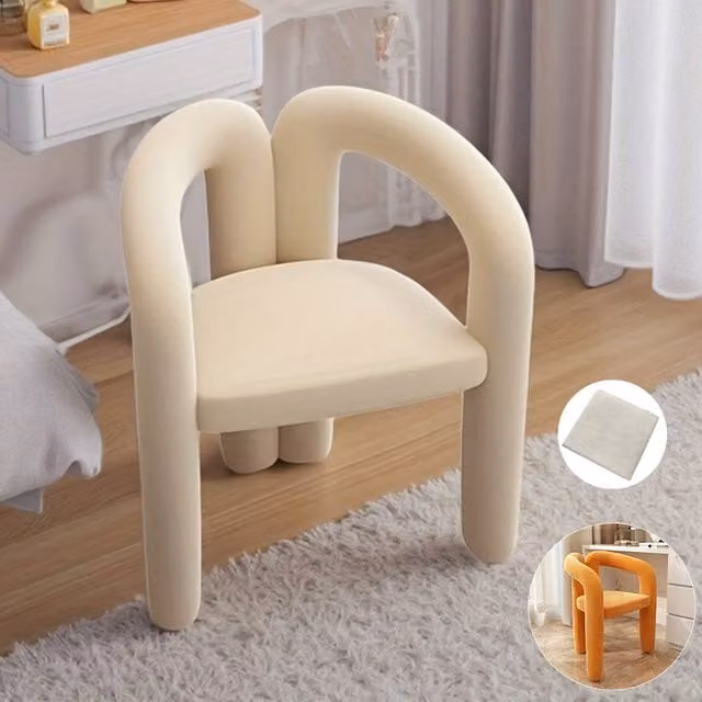 FORGEVIO White Minimalist Vanity Stool with Cream Fabric Cushion
