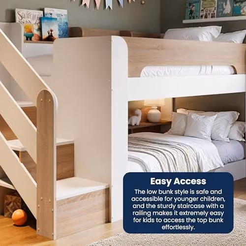 Flair Furnishings Double Bunk Bed for Children with Staircase Storage in White and Oak – 4