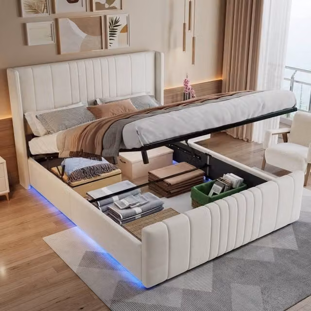 BTM Double Ottoman Bed with LED Under-Bed Lighting, Beige Velvet Upholstered, W/D/H: 140 x 190 x 46.6 cm