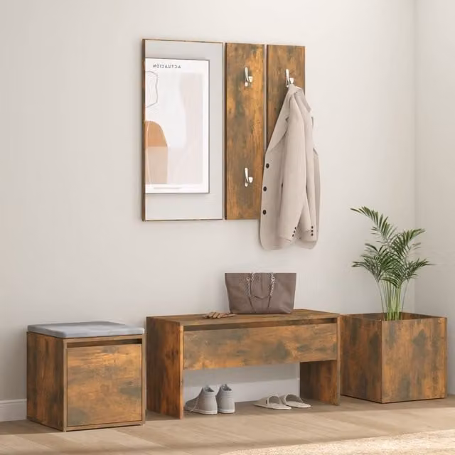 Berkfield Home Hallway Furniture Set in Smoked Oak Brown, including Bench, Mirror and Wall Rack