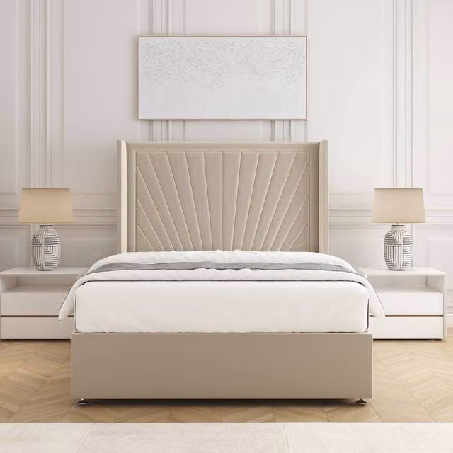 BSSPOKE Alina Divan Bed Set with 54 inch Headboard and Mattress in Beige Plush Velvet, Small Double, W/D/H: 120 x 200 cm