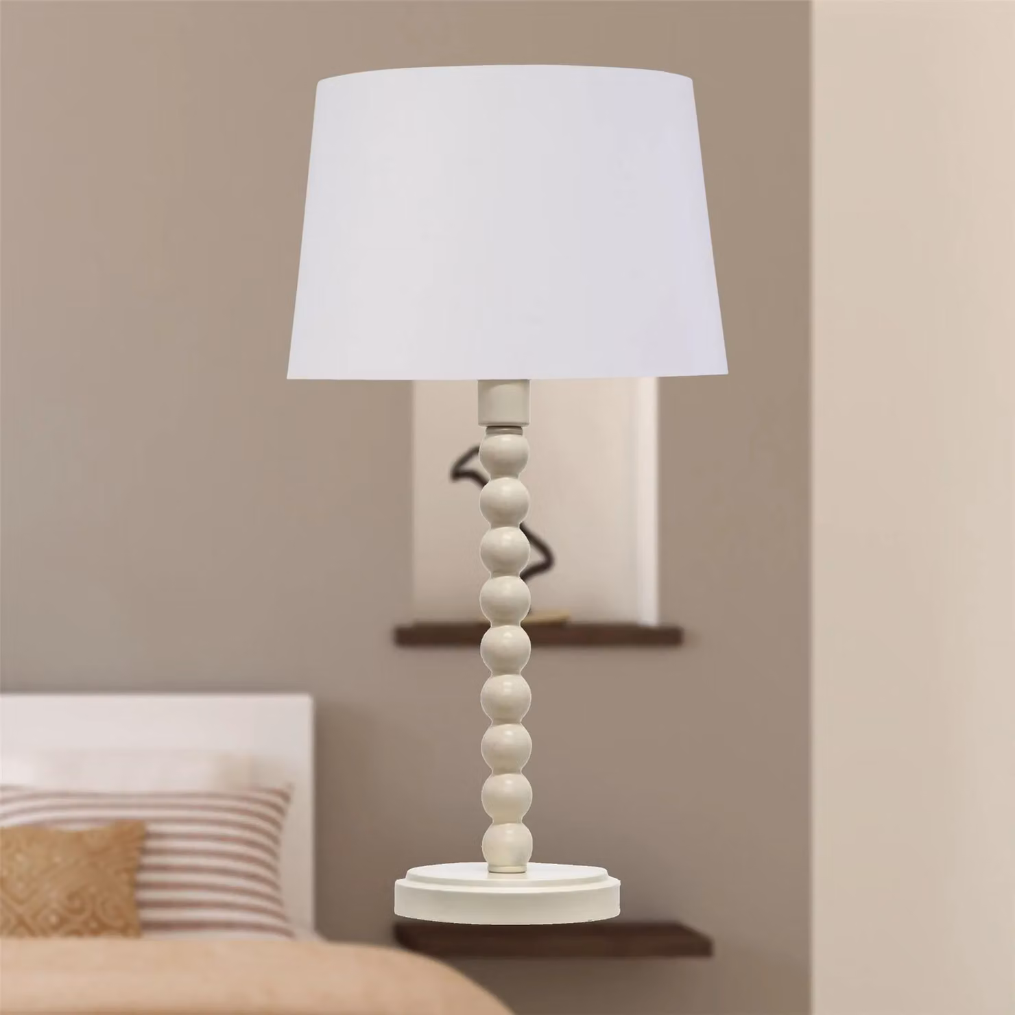 First Choice Lighting Bobbin Table Lamp in Beige with White and Gold Fabric Shade, H 42.0 cm x W 28.5 cm x D 28.5 cm – 2