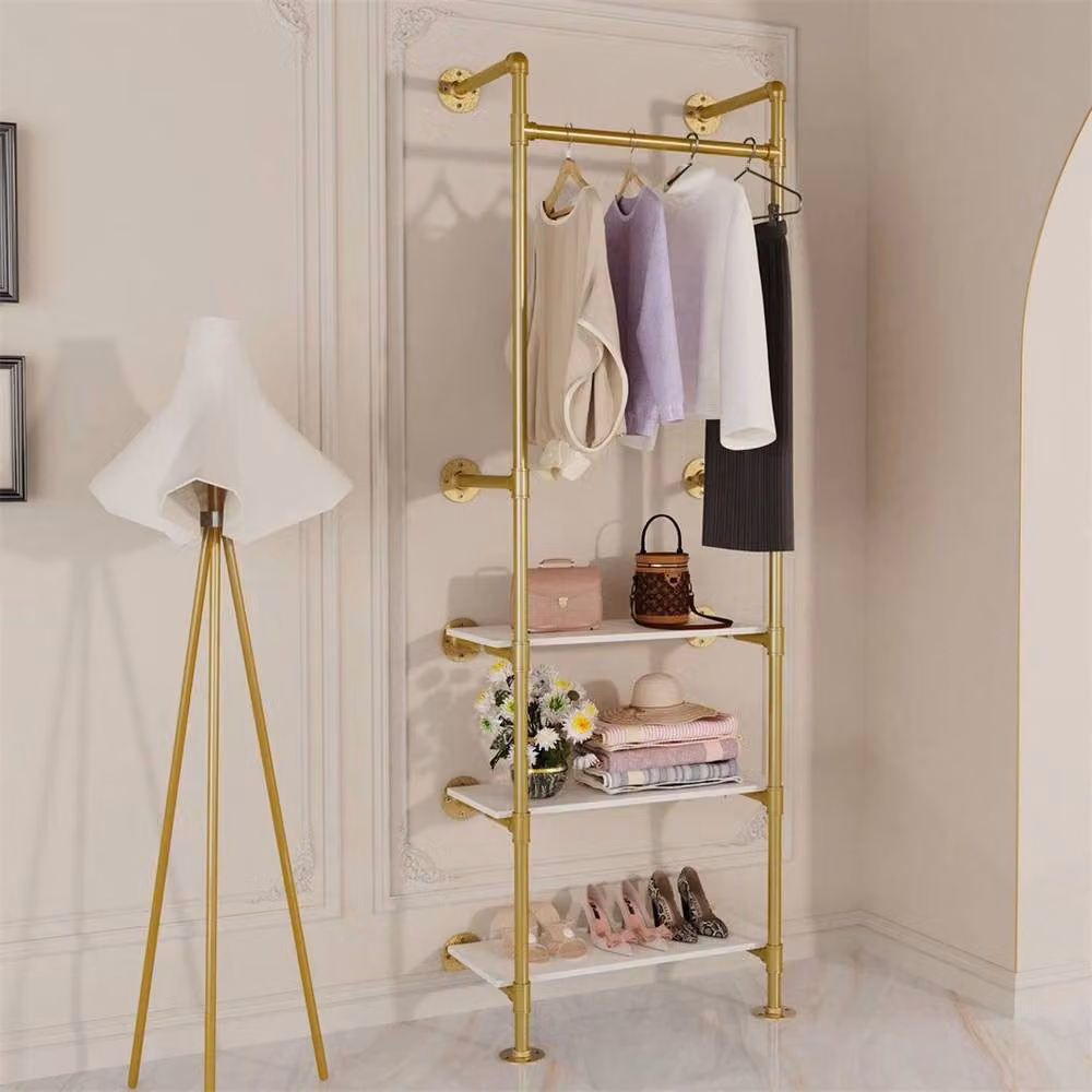 NESTLUNE Industrial Metal Wall Mounted Clothing Rack in Gold and White – 2