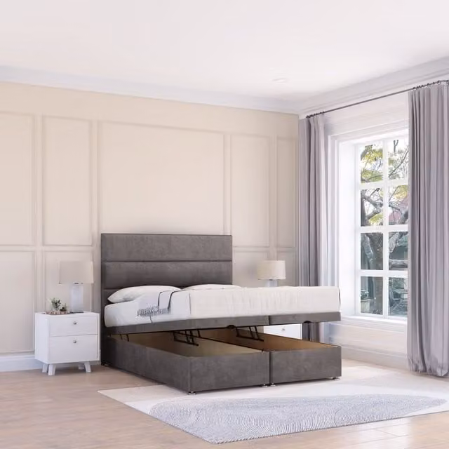 Sloomy Texas Naples Double Fabric Ottoman Bed in Dark Grey with Hybrid Sprung Memory Mattress and 26 Inch Strut Headboard, W/D/H: 140 x 200 cm