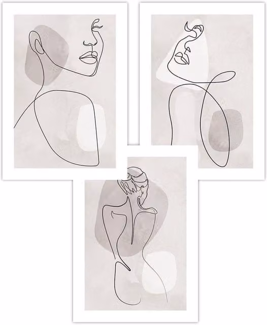 ARTZE Set of 3 Boho Abstract Female Line Art Prints in Beige and Grey, W: 30 cm, H: 42 cm