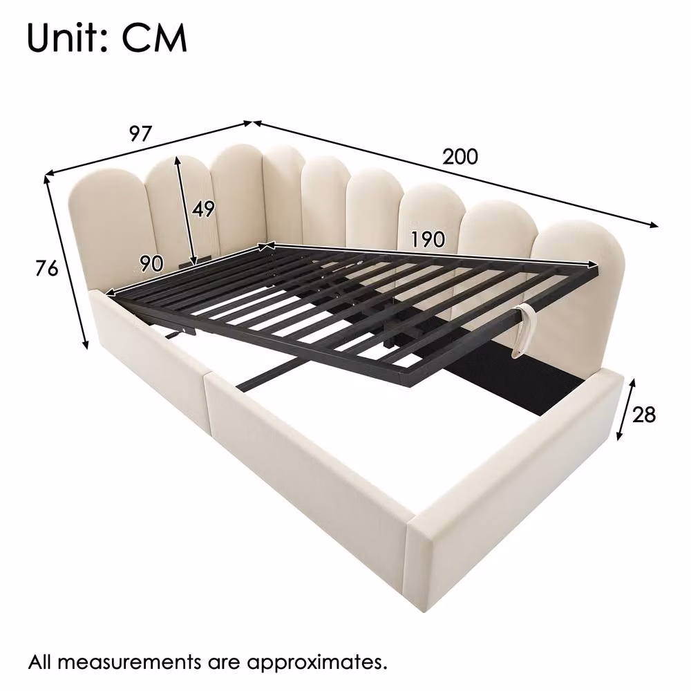 Matteo Single Sofa Bed with Hydraulic Storage in Beige Velvet, W/D/H: 90 x 190 cm – 2