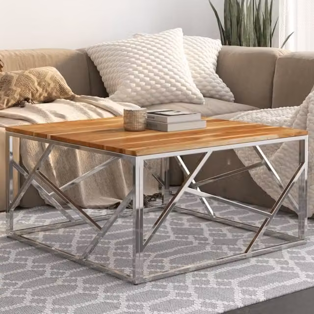Berkfield Home Modern Rectangular Coffee Table in Silver Stainless Steel and Brown Acacia Wood – 1