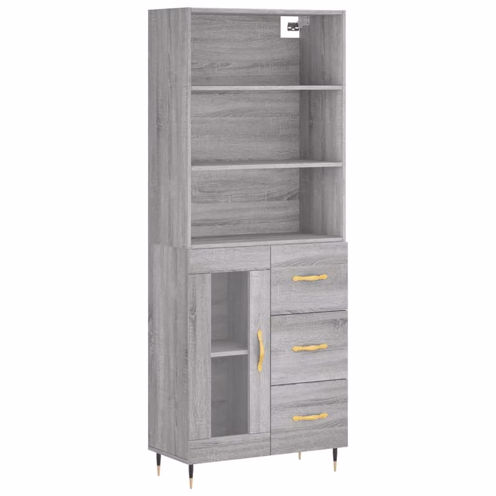 Berkfield Home Grey Sonoma Highboard with Glass Doors and Drawers, W/D/H: 69.5 x 34 x 180 cm – 3