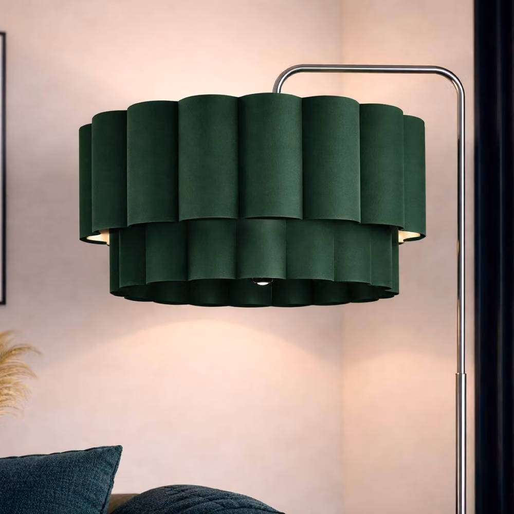 CGC Lighting Kyra Brushed Nickel Floor Lamp with Two Layer Scalloped Dark Green Fabric Lampshade – 3