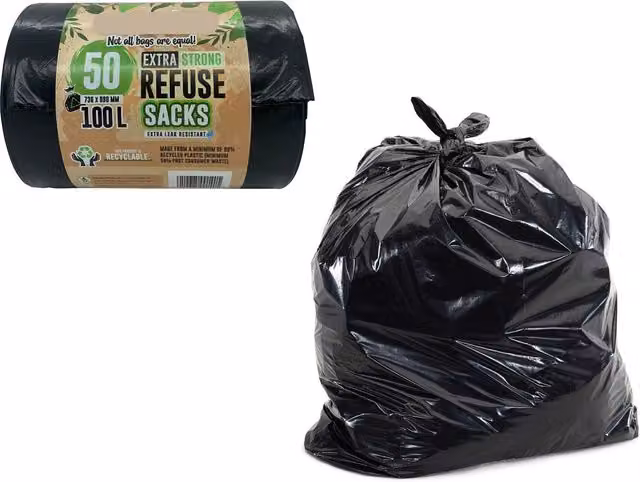 Shop4allsorts 50 Heavy Duty Black Bin Bags, 100L Refuse Sacks