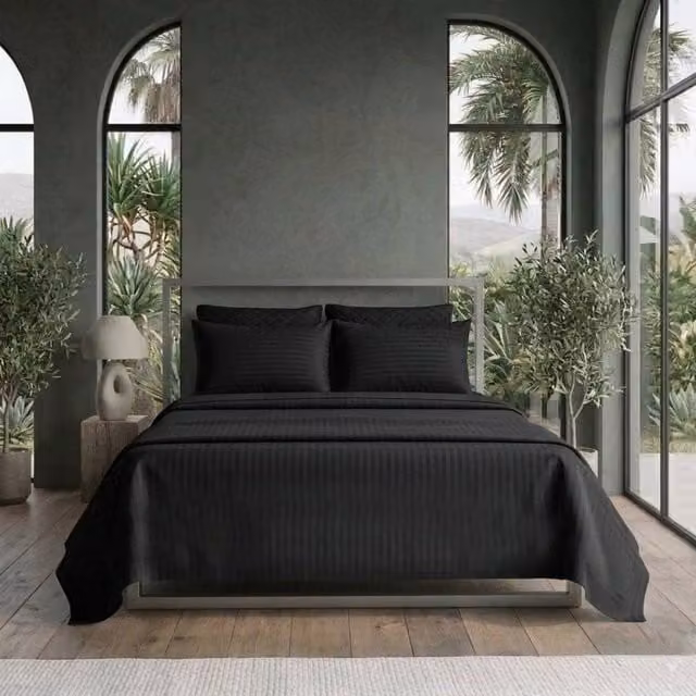 Snug City Luxury Satin Stripe T250 Cotton Rich Soft Flat Sheet Bed Linen in Black, Size: 200 x 200 cm
