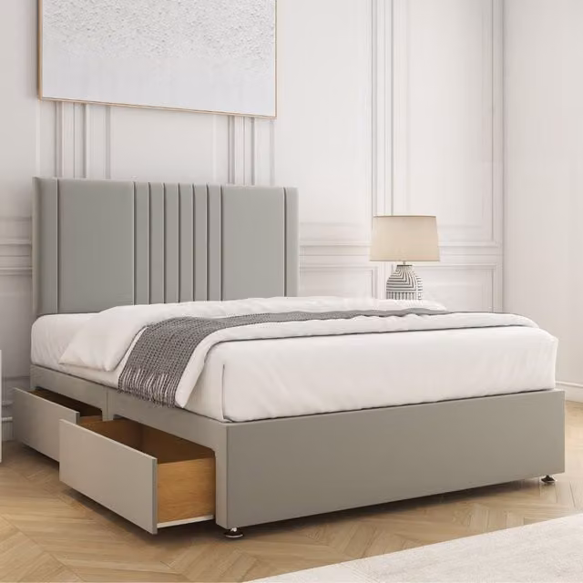 BSSPOKE Monaco Velvet Divan Bed Set with 24 inch Headboard, 2 Drawers, Footend and Mattress in Silver, Super King, W/D/H: 200 x 200 cm