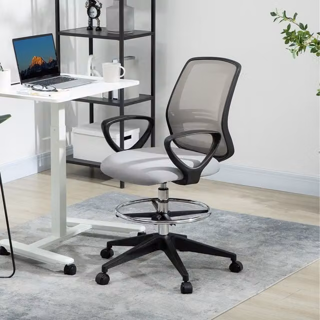 Vinsetto Grey Fabric Adjustable Height Tall Drafting Office Chair with Foot Ring
