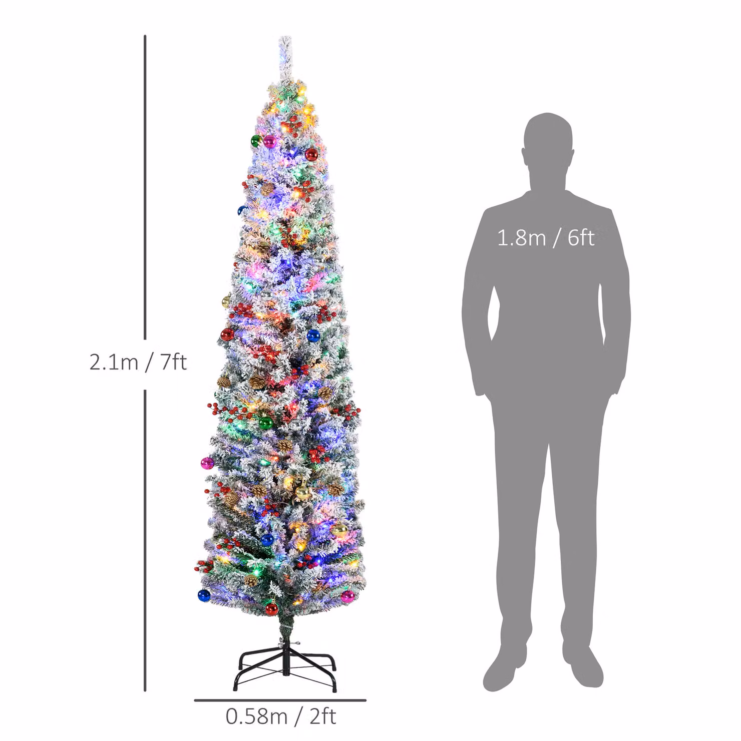 HOMCOM 7ft Artificial Flocked Christmas Tree with Multicolour LED Lights, Berries and Pine Cones – 3