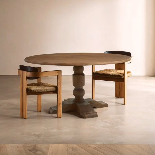 Fifty Five South Classic Round Oak Wood Dining Table in Brown
