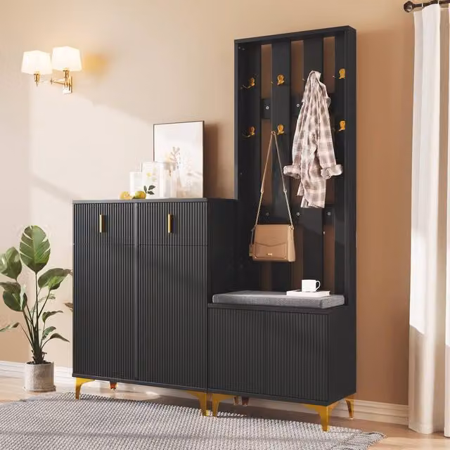 Merax Modern Hallway Storage Set with Shoe Cabinet, Bench and Wall Rack in Matt Black and Gold