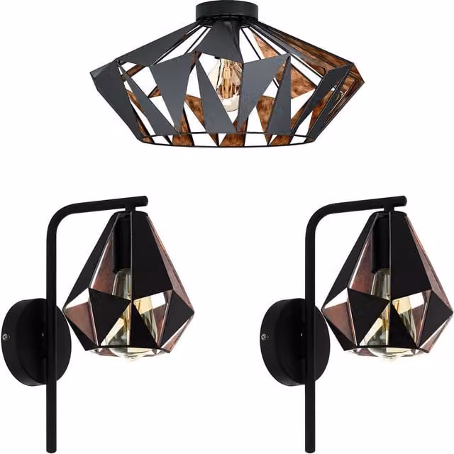 Loops Low Ceiling Light and 2x Matching Wall Lights with Black and Copper Geometric Metal Shades
