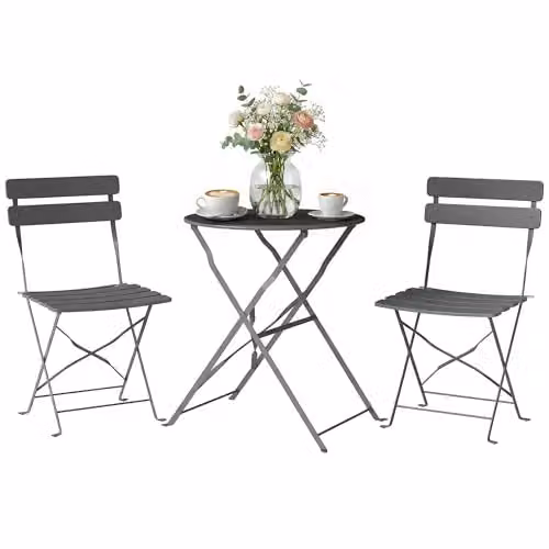 Outsunny 3 Piece Folding Bistro Set with Round Metal Garden Table and Chairs in Grey
