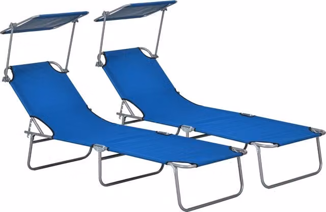 Outsunny Set of 2 Blue Foldable Outdoor Sun Loungers with Adjustable Backrest and Sun Canopy