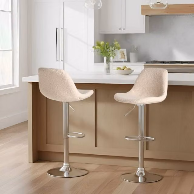 Wyld and Coco Set of 2 Beige Boucle Bar Stools with Swivel Gas Lift and Adjustable Height – 1