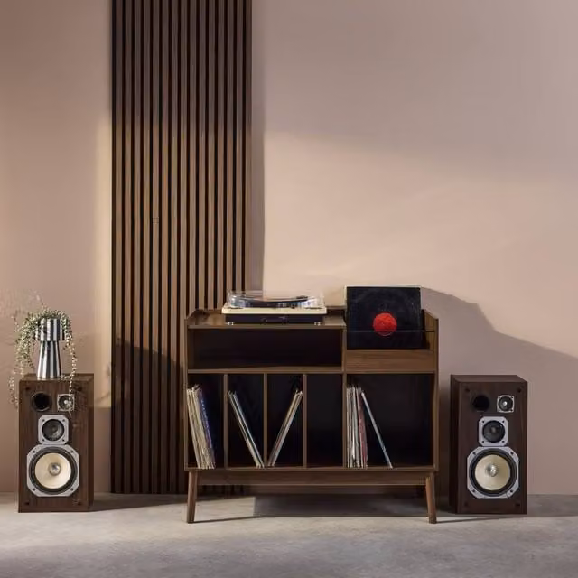 Sweekeek Vintage Vinyl Record Cabinet with Dividers in Dark Brown, W: 100 cm, H: 81.5 cm, D: 48 cm