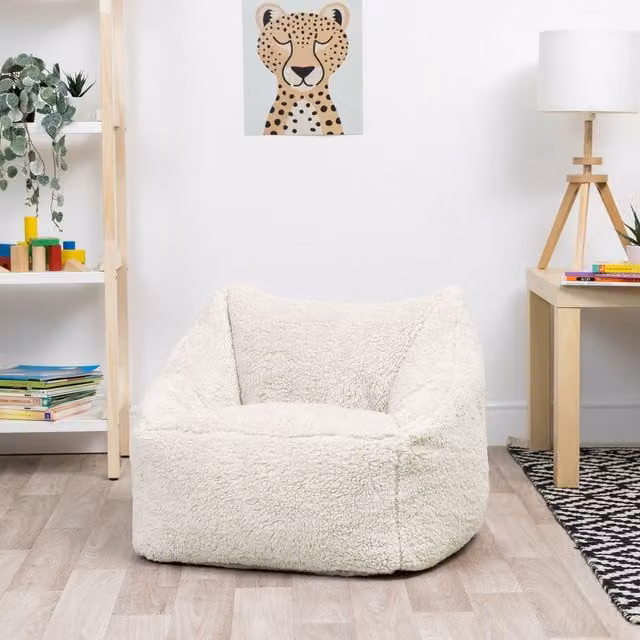 icon Kids Natalia Teddy Berber Fleece Childrens Bean Bag Armchair in White and Beige, W/D/H: 44 x 44 x 44 cm