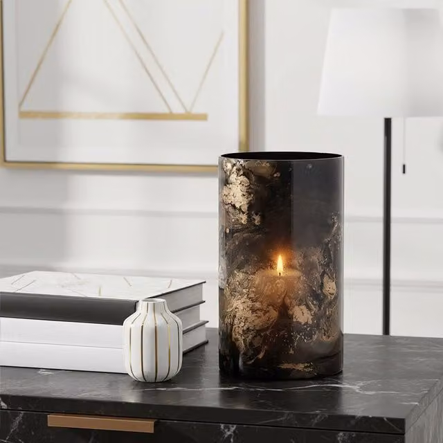 Orsina Gaia Large Abstract Marble Effect Candle Holder in Black and Gold – 2