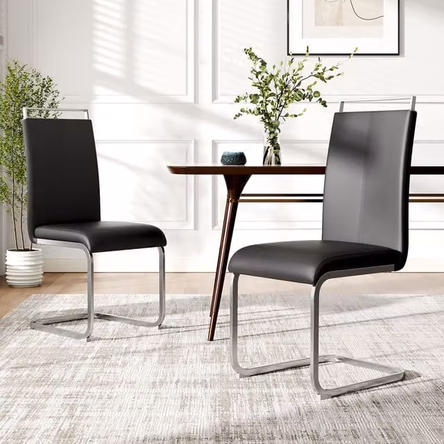 Komore Set of 2 Minimalist Black Synthetic Leather Dining Chairs with Cantilever Metal Base