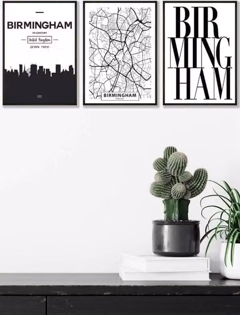 ARTZE Birmingham Skyline Street Map City Print Framed Wall Art in Black, W: 45 cm, H: 62 cm, D: 2 cm