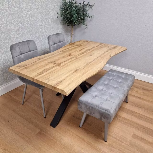 KOSY KOALA Modern Rectangular Dining Set with 2 Grey Velvet Chairs and Wooden Benches