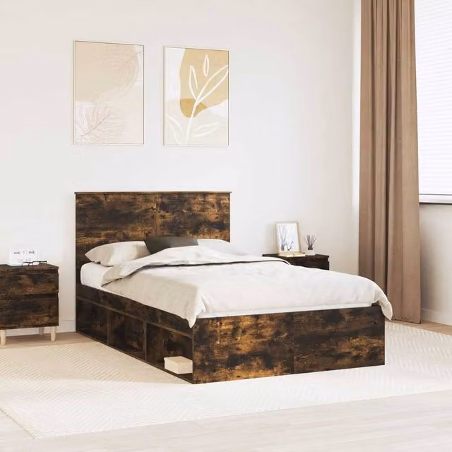 Berkfield Home Modern Bed Frame in Smoked Oak and Brown Wood with Drawers, W/D/H: 120 x 200 cm – 1