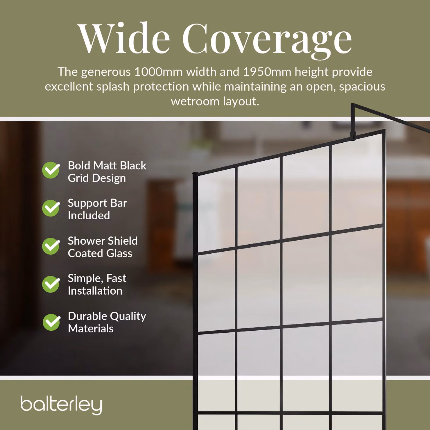 Balterley 8mm Safety Glass Wetroom Screen with Black Frame, W: 100 cm, H: 195 cm – 4