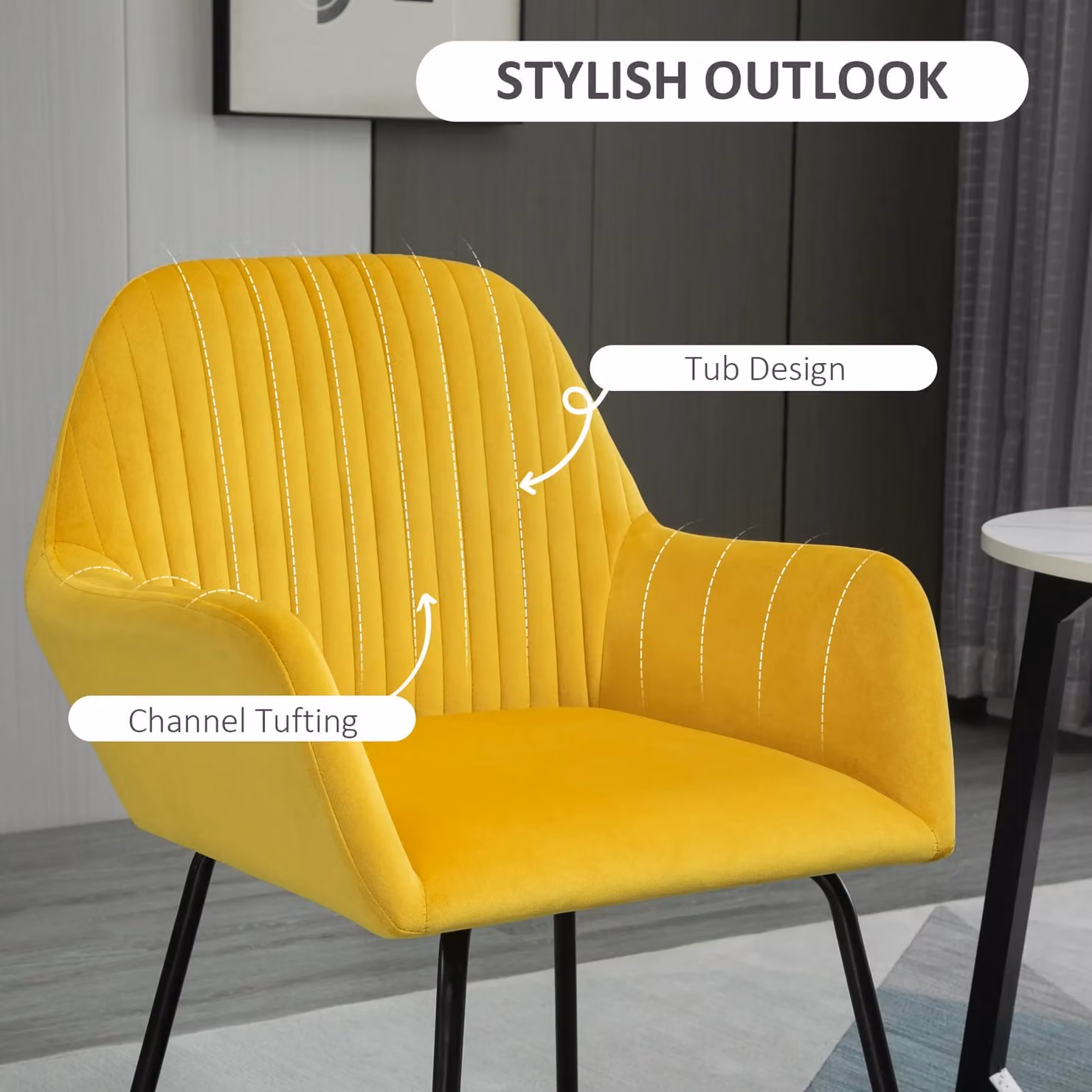 HOMCOM Set of 2 Modern Velvet Upholstered Accent Armchairs with Metal Base in Yellow – 3