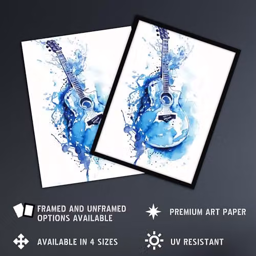 Artery8 Abstract Music Guitar Blue Watercolour Splat Wall Art Poster Print on Thick Paper, 18 x 24 Inch – 2